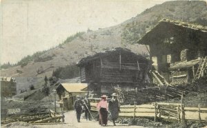 Vintage Postcard People Walking Street Scene Murren Switzerland Bernese Highland