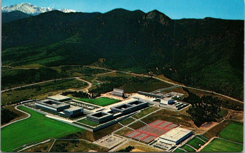 Aerial of Pikes Peak and Air force Academy vintage - chrome - POSTCARD 