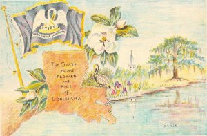 LA, Louisiana  STATE FLAG~FLOWER & BIRD  1953 Bangle~Artist Signed Postcard