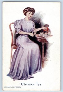 P. Gordon Artist Signed Postcard Afternoon Tea Pretty Woman c1910's Antique