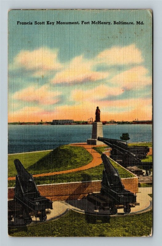Baltimore, MD-Maryland, Francis Scott Key Monument, Linen c1942 Postcard