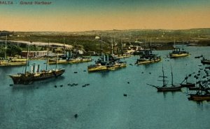 British Royal Navy Battleships in Malta Grand Harbour WWI c.1910 Postcard RPPC