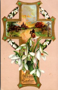 Vtg 1910s A Blessed Easter Lilies Gold Cross Church Horseback Embossed Postcard