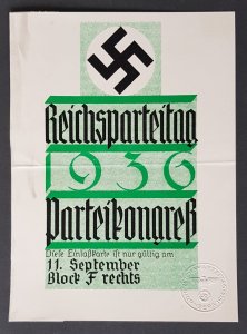 THIRD 3rd REICH ORIGINAL REICHSPARTEITAG NUREMBERG POSTCARD ADMISSION TICKET