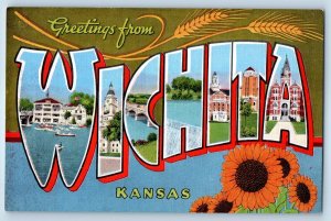 c1940 Kansas KS Vintage Postcard Greetings From Wichita Large Letter Multi View