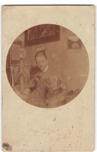Rare Antique Photo RPPC Man, Skeleton & Dog Macabre Weird Medical 1912 Postcard
