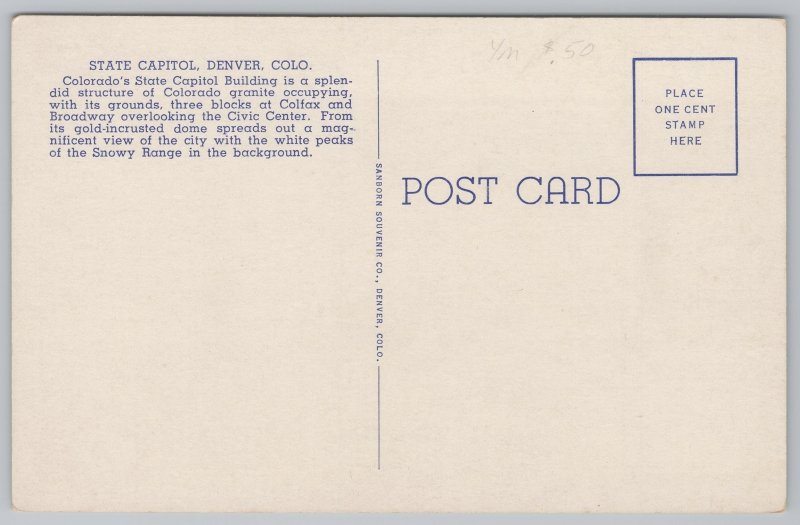 Government Building~State Capitol From Grounds Denver CO~Vintage Postcard