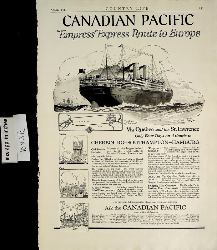 1922 Canadian Pacific Empress Express Route Europe Travel Vintage Print Ad 5791