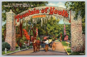 St Augustine FL~Fountain Of Youth Entrance Arch~Carriage~Flags~Linen 1951 PC
