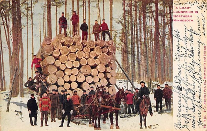 Logging Post Card Load Lumbering Northern Minnesota, USA Postcard 1913