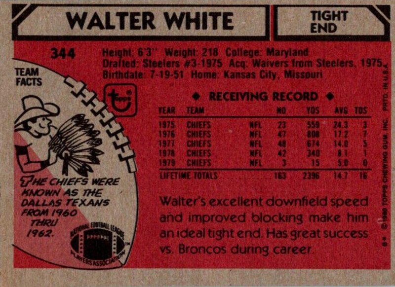 1980 Topps Football Card Walter White TE Kansas City Chiefs sun0388