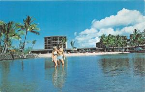 Kailua-Kona Hawaii~Hotel King Kamehameha~Bikini Girl-Guy Stands in Water~1960s