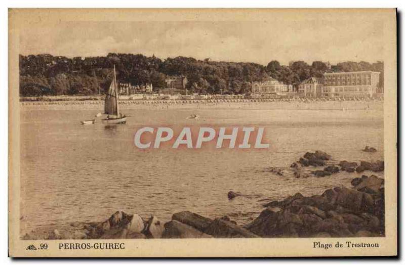 Old Postcard Perros Guirec Beach Trestraou Boat