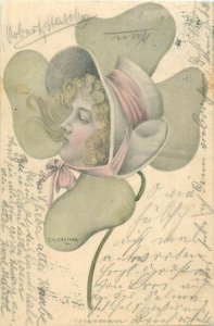 Surrealism 1902 E.M. Kantner lady wearing bonnet in a four leaf clover 