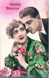 Postcard New Year Romance Couple colorized photo Dede Paris 1756 series