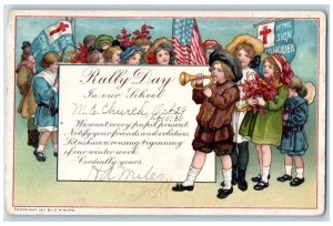 Signed Artist Postcard Rally Day In School Childrens With Flags Trumpet c1910's