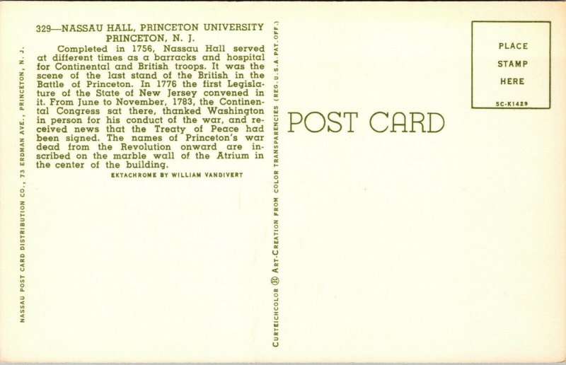 Vtg Nassau Hall Princeton University Princeton New Jersey NJ Chrome Postcard