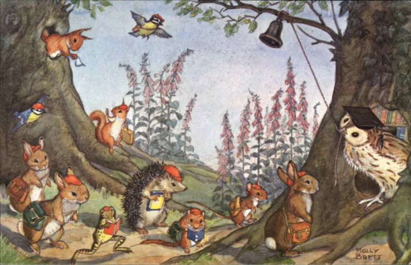 Molly Brett Pk 226 Woodland Fantasy Squirrels Owl Hedgehog Vintage Postcard