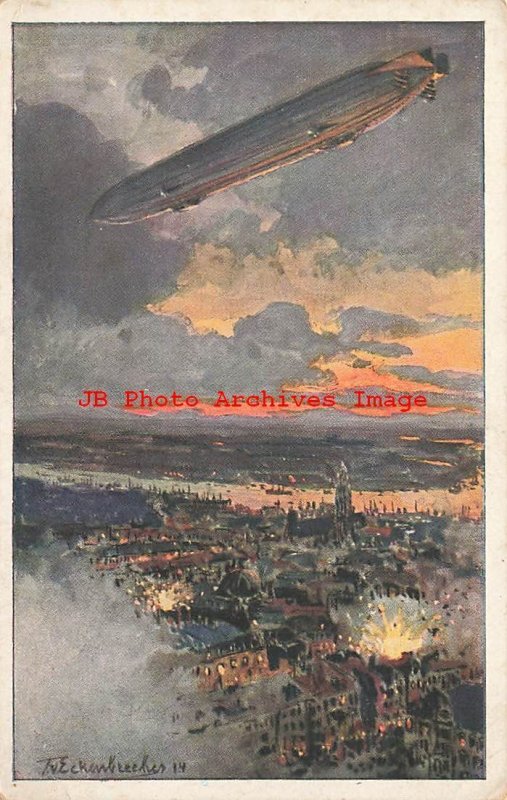 Zeppelin Flying over Antwerp Belgium, Signed Taube von Eckenbrecher