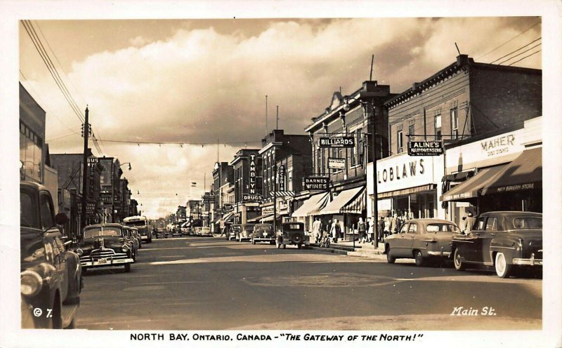 Ontario Canada North Bay Storefronts Old Cars Real Photo Postcard