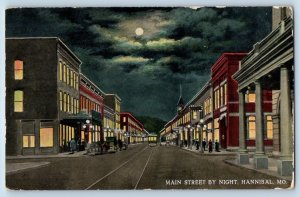 Hannibal Missouri MO Postcard Main Street Night Moonlight Buildings 1913 Vintage