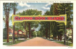 Clayton, NY New York 1000 ISLANDS LIGHTED ENTRANCE SIGN ca1940's Linen Postcard