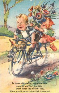 Postcard 1950s Bicycle cycling children Duck Flowers comic humor 23-13270