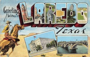 Large Letter: Greetings From Laredo, Texas, Early Linen Postcard, Used in 1947