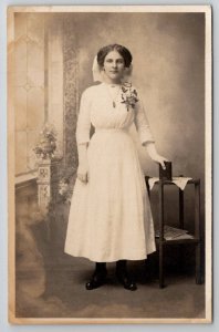 RPPC Farnhamville IA Young Woman White Dress Studio Portrait Postcard E29
