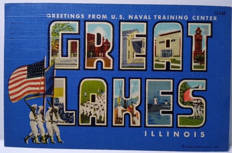 Greetings From Great Lakes Illinois Large Letter Postcard Linen US Flag Navy