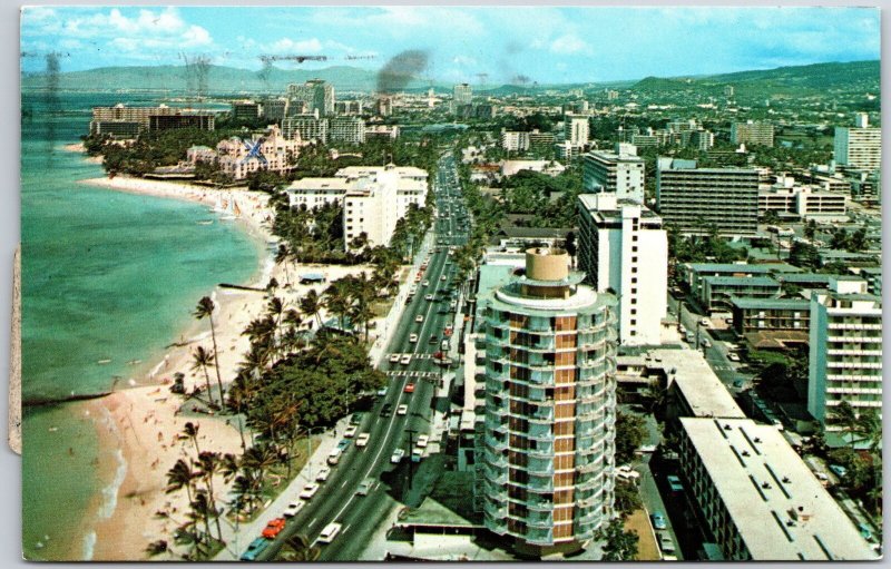 1974 Looking Ewa at Kalakaua Avenue Waikiki & Kuhio Beaches Hawaii HI Postcard