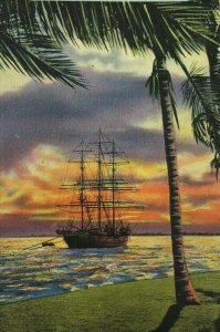 Sunset on Biscayne Bay Postcard Miami FL Ship