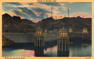 VINTAGE POSTCARD SUNSET AT BOULDER DAM LINEN CARD POSTED 1949