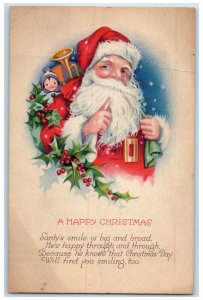 1926 Christmas Santa Claus Sack Of Toys Holly Berries Hamer NY Vintage Postcard