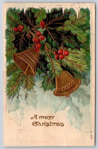 Christmas~Gold Bells Swing From Holly In Pine~Icy Border~c1910 Vintage Postcard
