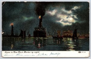 1909 Scene in New York Harbor Lights Night Cruise Ships N.Y. Vintage Postcard