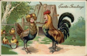 Easter - Fancy Man & Woman as Chickens Human Faces Fantasy c1910 Postcard