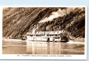 RPPC DAWSON, Yukon Canada ~ No. 1 STEAMER CASCA With Barge c1930s Postcard