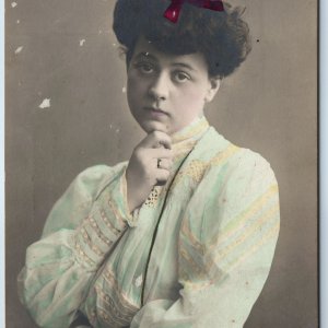 c1900s Cute Young Lady RPPC Hand Colored Real Photo Thinking Tex Ark Cancel A203