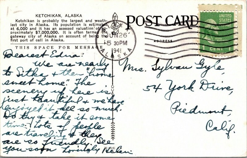 c.1941 Ketchikan Alaska Tongass Narrows Posted Linen Aerial VTG Postcard  