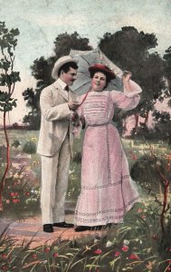 Vintage Postcard 1906 Lovers Couple Dating At The Park With Umbrella Romance