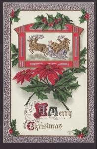 A Merry Christmas,Santa,Sleigh,Pointsettia Postcard