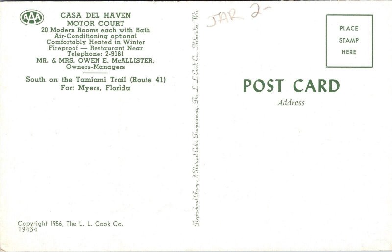 Casa Del Haven Motor Court Streetview Fort Myers Florida Chrome Postcard 