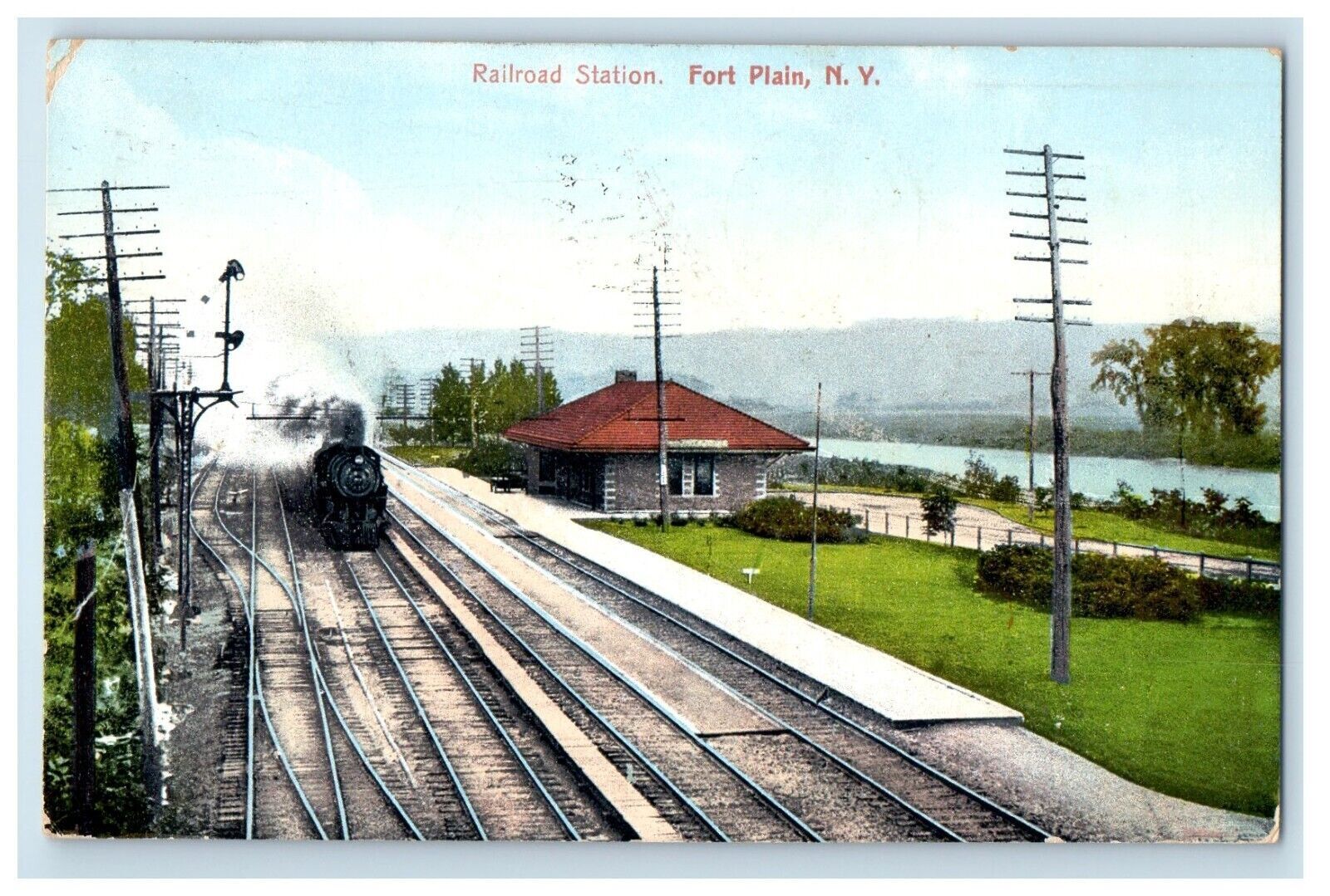 1909 Railroad Train Station Depot Fort Plain New York NY Posted Antique