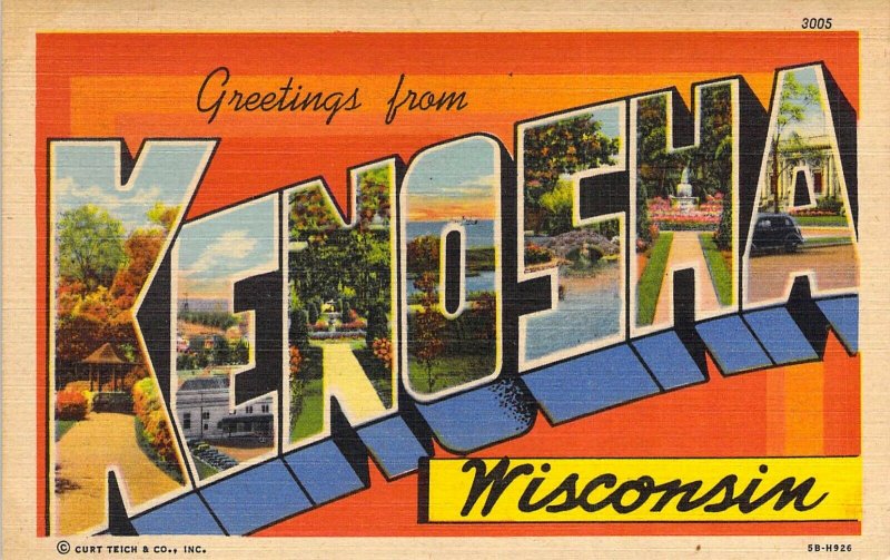 Linen Era, Large Letter, Greetings From Kenosha, Wisconsin, WI., Old