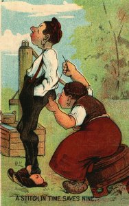 1908 A Stitch in Time Saves Nine. Woman Sewing Man's Britches, Vintage Postcard