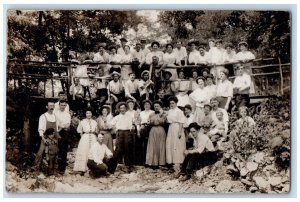 c1910's Crowd On Bridge Men Women Children New Trenton IN RPPC Photo Postcard