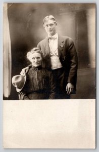 RPPC Handsome Young Man with Grandmother Studio Portrait Photo Postcard J24