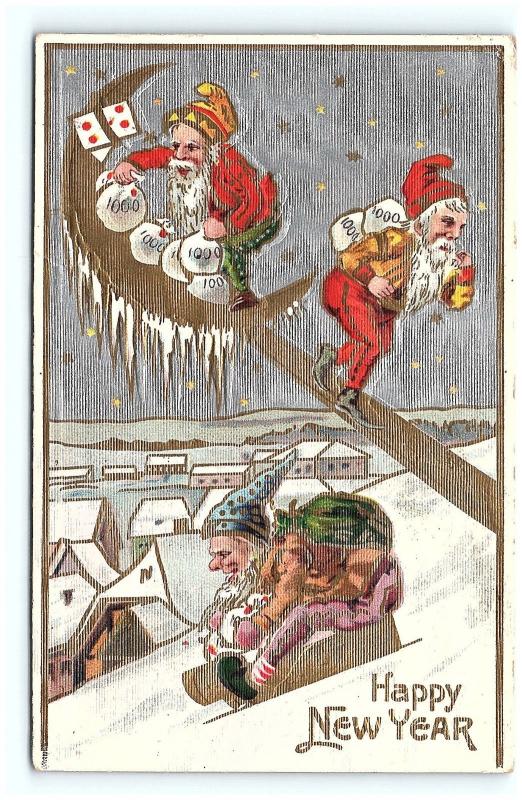 Postcard Happy New Year Elves Stealing Money From the Moon 1908 G02