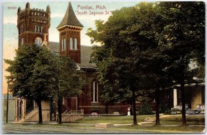 VINTAGE POSTCARD CHURCH AND SOUTH SAGINAW STREET SCENE AT PONTIAC MIHIGAN 1909